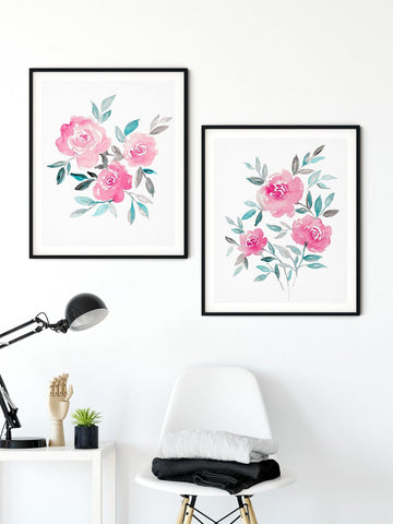Pink Floral Wall Art, Set of 2 Roses Art Print